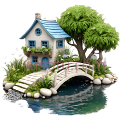小屋,卡通,蓝色屋顶, 米色墙壁PNG