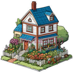 房子,卡通,蓝色屋顶, 白色墙壁PNG