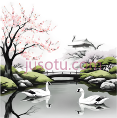 天鹅, 桥, 山, 树,水墨画,黑白PNG