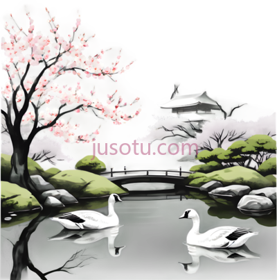 天鹅, 桥, 山, 树,水墨画,黑白, PNG