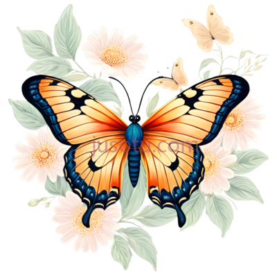 蝴蝶,插画,橙色,蓝色,黄色, PNG