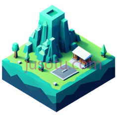 山, 树木, 房子, 道路,3D,绿色, 蓝色, 白色PNG