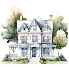 房子,水彩画,白色,绿色PNG