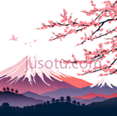 富士山,樱花树,插画,粉色,紫色,白色PNG