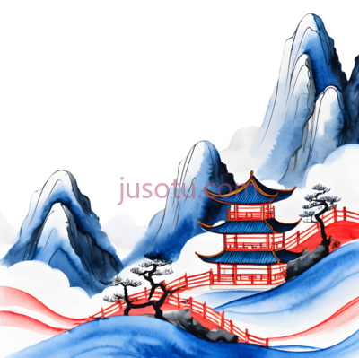 亭子,水墨画,红色,蓝色,白色, PNG