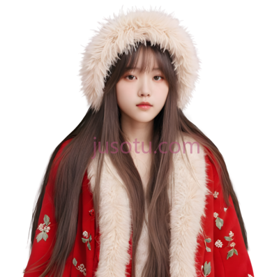 女孩,冬季服装,红色外套配白色毛领, PNG