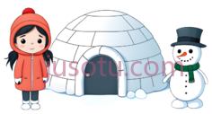 雪人,冰屋,女孩,卡通,红色PNG