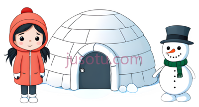 雪人,冰屋,女孩,卡通,红色, PNG