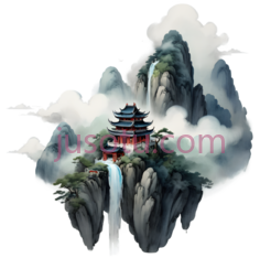 陡峭山脉,云雾,瀑布,空中漂浮小岛,仙岛,水墨画,耕作PNG