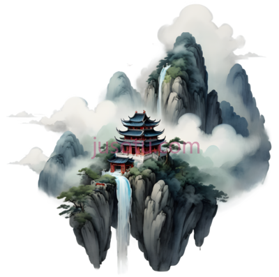 陡峭山脉,云雾,瀑布,空中漂浮小岛,仙岛,水墨画,耕作, PNG