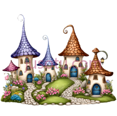 小屋,童话,蓝色,橙色,粉色PNG
