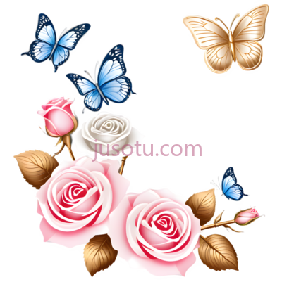 玫瑰,蝴蝶,插画,粉色,白色,蓝色,黄色, PNG