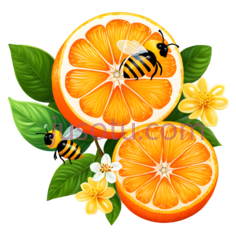 橙子,蜜蜂,花朵,卡通,橙色,黄色,绿色,黑色PNG