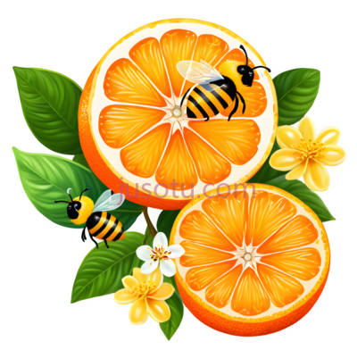 橙子,蜜蜂,花朵,卡通,橙色,黄色,绿色,黑色, PNG