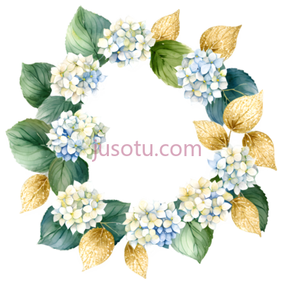 绣球花环,水彩画,白色,蓝色,绿色,黄色, PNG