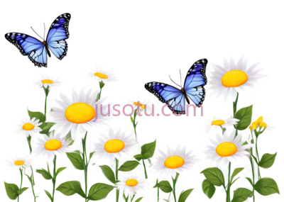 蝴蝶,雏菊,卡通,蓝色,白色,黄色, PNG