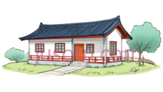 房屋,中式建筑,白色墙壁,红色装饰,蓝色屋顶PNG