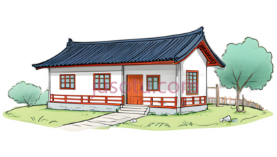 房屋,中式建筑,白色墙壁,红色装饰,蓝色屋顶, PNG