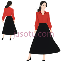 女性插画,现代时尚,红色上衣, 黑色裙子PNG