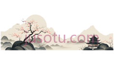 山,云,树,塔,水墨画,黑白PNG