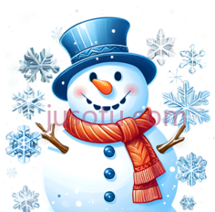 雪人,卡通,白色身体,蓝色帽子,橙色围巾PNG