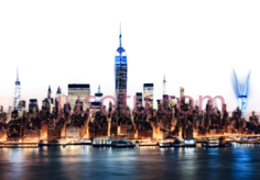 纽约天际线,城市夜景,蓝色,橙色,白色PNG