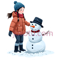 小女孩,雪人,卡通,黑色背景PNG