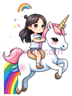 可爱少女,小熊,独角兽,彩虹PNG