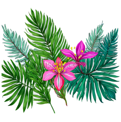 花朵,叶子,插画,粉色,黄色,绿色, PNG