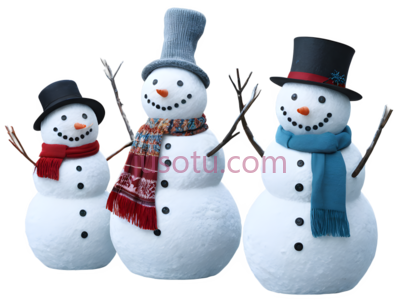 雪人,戴黑色帽子,红色围巾,戴灰色帽子,红黑格子围巾,戴蓝色帽子,蓝色围巾,白色身体, PNG