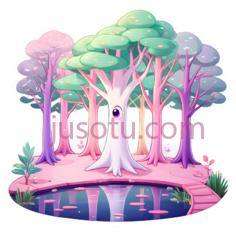 树木,花朵,小路,卡通,粉色,绿色,紫色PNG