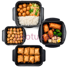 外卖食品,黑塑料容器,米饭,鸡肉,鹰嘴豆酱,炸鸡肉丸,春卷,炒蔬菜PNG