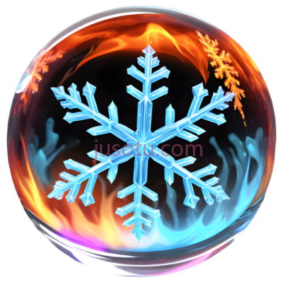雪花,玻璃球内包含火焰,冰元素,蓝色,红色,黄色, PNG