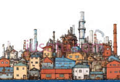 城市景观,插画,蓝色,黄色,红色PNG