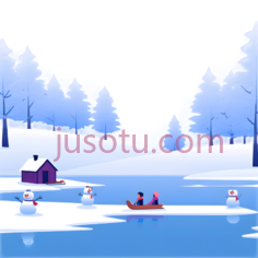小屋,雪人,冰面,树木,卡通,白色,蓝色,紫色PNG