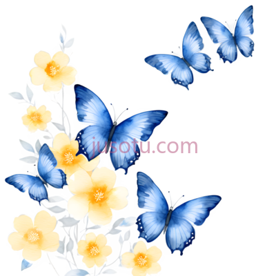 花朵,蝴蝶,插画,黄色,蓝色, PNG
