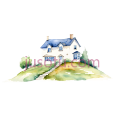 房子,水彩画,白色,蓝色,绿色PNG