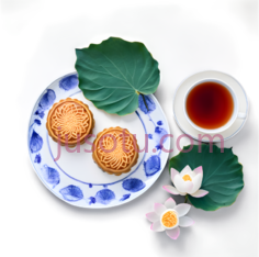 月饼,荷叶,中式,白色带蓝色花纹,绿色PNG