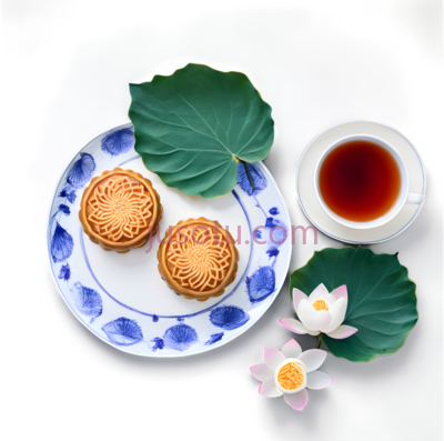 月饼,荷叶,中式,白色带蓝色花纹,绿色, PNG