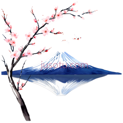 山水画,富士山,樱花, PNG