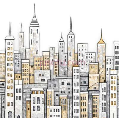 城市建筑,插画,白色,灰色,黄色, PNG