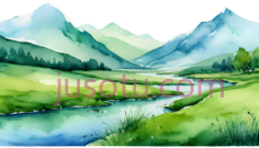 河流, 山脉, 树木, 草地,水彩画,绿色, 蓝色, 灰色PNG