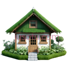 小木屋,卡通,绿色屋顶, 白色墙壁PNG