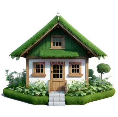 小木屋,卡通,绿色屋顶, 白色墙壁, PNG
