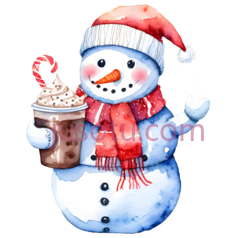 雪人,圣诞帽,热水巧克力,水彩PNG