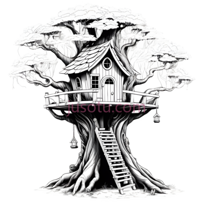 树屋,插画,黑白, PNG