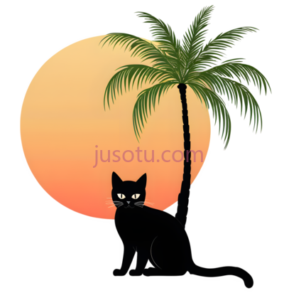 小黑猫,大棕榈树, PNG