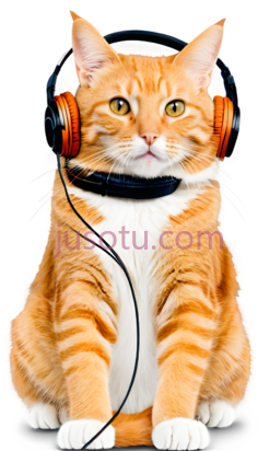 猫,戴着耳机坐着,橘色,白色PNG