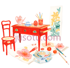 桌子,椅子,茶壶,杯子,笔筒,毛笔,画板,画作,插画,红色,白色,黄色,蓝色PNG