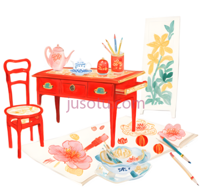 桌子,椅子,茶壶,杯子,笔筒,毛笔,画板,画作,插画,红色,白色,黄色,蓝色, PNG